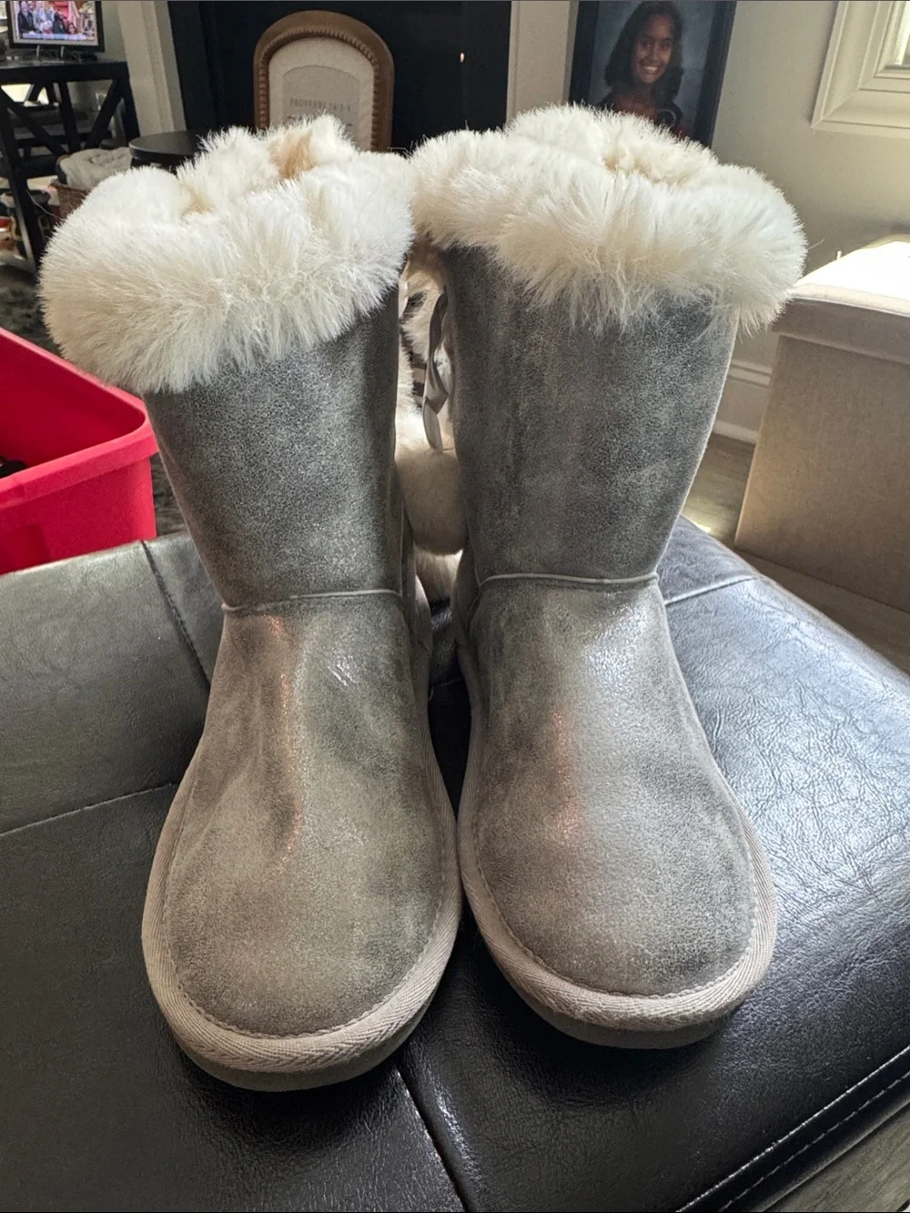 Rampage Metallic Silver Faux Fur Trim Kids Boots